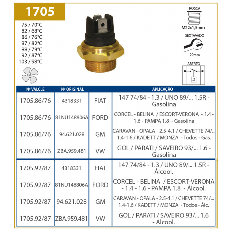 Interruptor De Radiador 147/opala/gol (sem Ar) Valclei